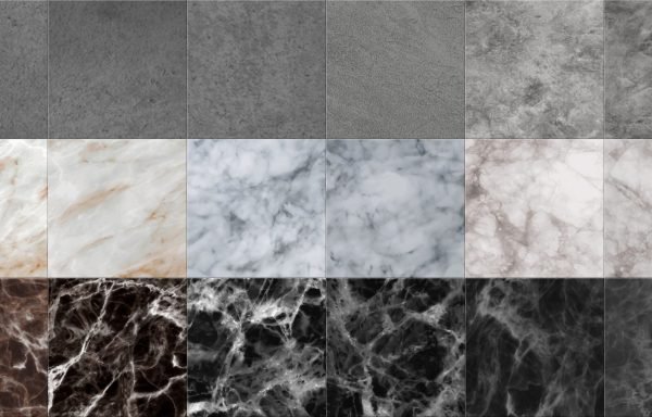 Concrete tiles. Realistic stone floor and wall cement pattern. Marble flooring. Dark and light granite structure. Square natural solid covers samples set. Vector decorative luxury interior surface